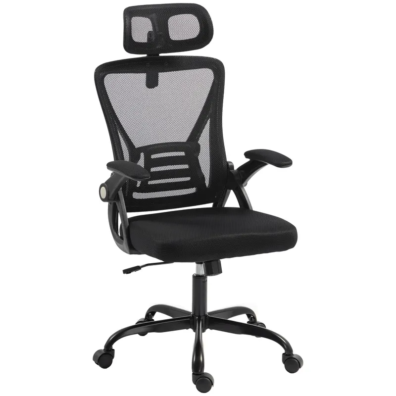 HOMCOM Scaun de Birou Ergonomic cu Brațe Rabatabile, Tetieră și Înălțime Reglabile, din Plasă Respirabilă, Negru
