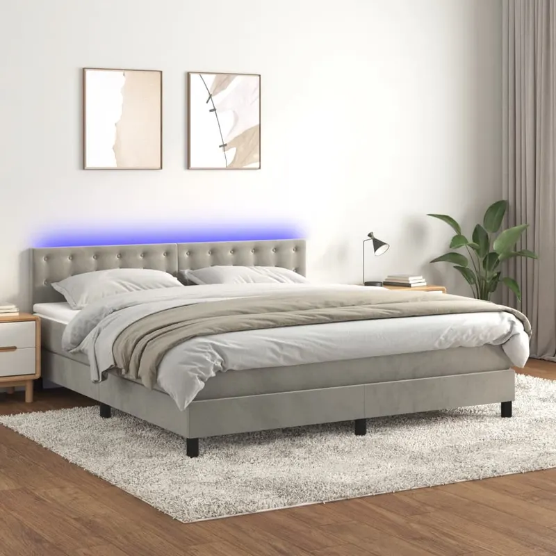pat cu arcuri, saltea si led, gri deschis, 180x200 cm, catifea
