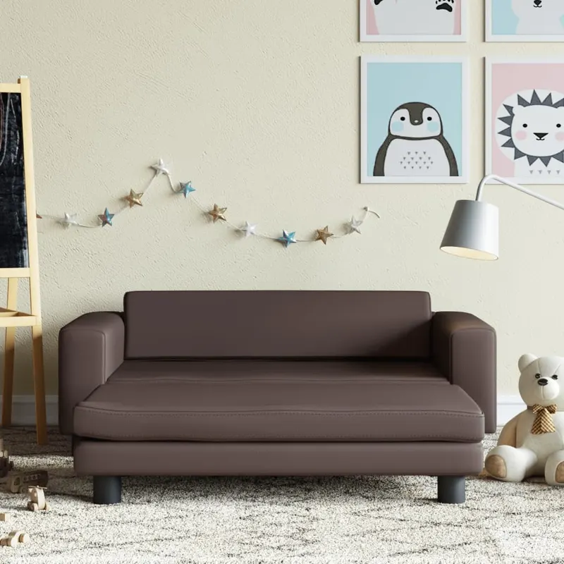 canapea copii cu taburet maro 100x50x30cm piele ecologica