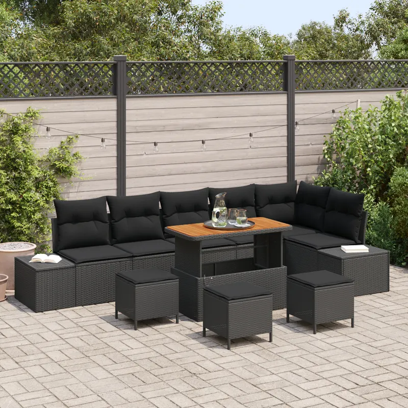 Set de sofa pentru gradina 10 piese cu perne negre din poliratan de acacia, sofa pentru gradina 2 locuri cu perne negre din poliratan, set de dining pentru gradina 4 piese cu perne negre din poliratan de acacia