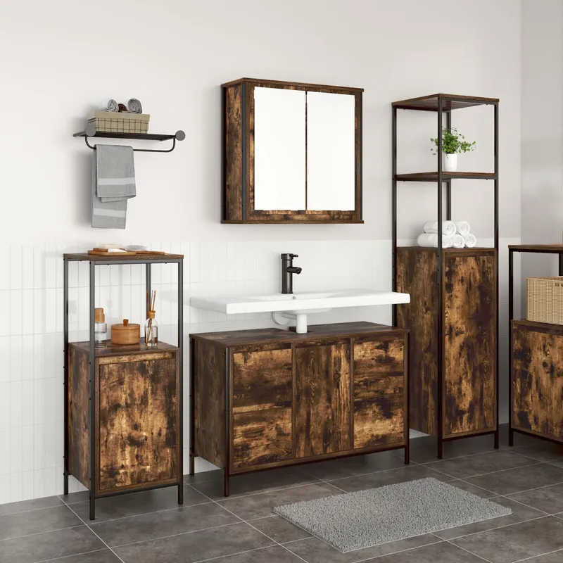 set mobilier baie din lemn ingineresc stejar fumuriu - 3 piese