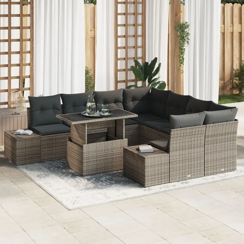 set de canapele pentru gradina , 9 piese, cu perne, gri, din poliratan