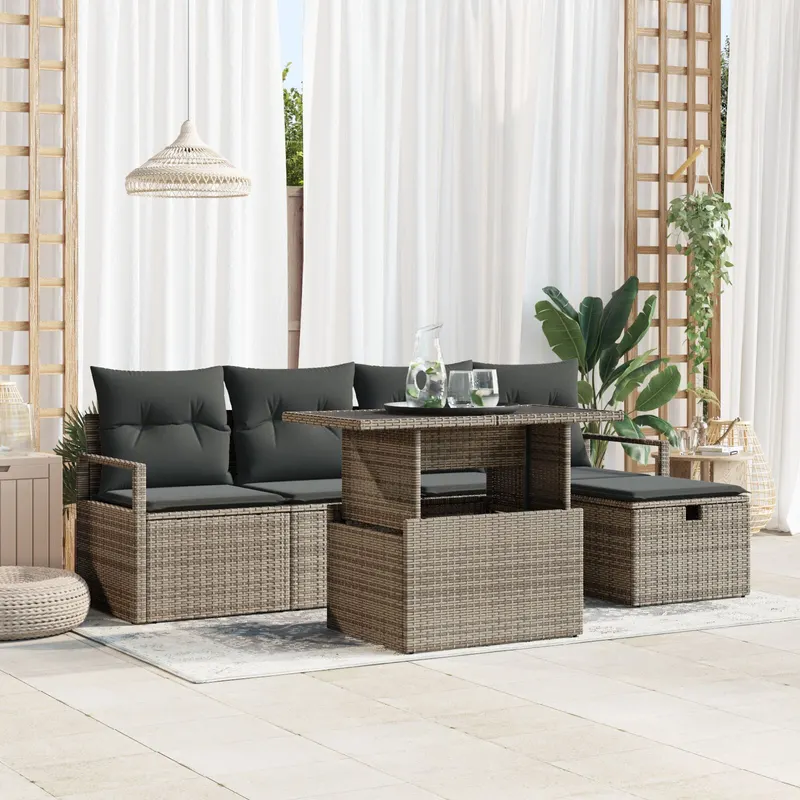 set sofa de gradina 6 piese perne gri din ratan poli, sofa gradina 2 persoane cu depozitare si perne gri din ratan poli