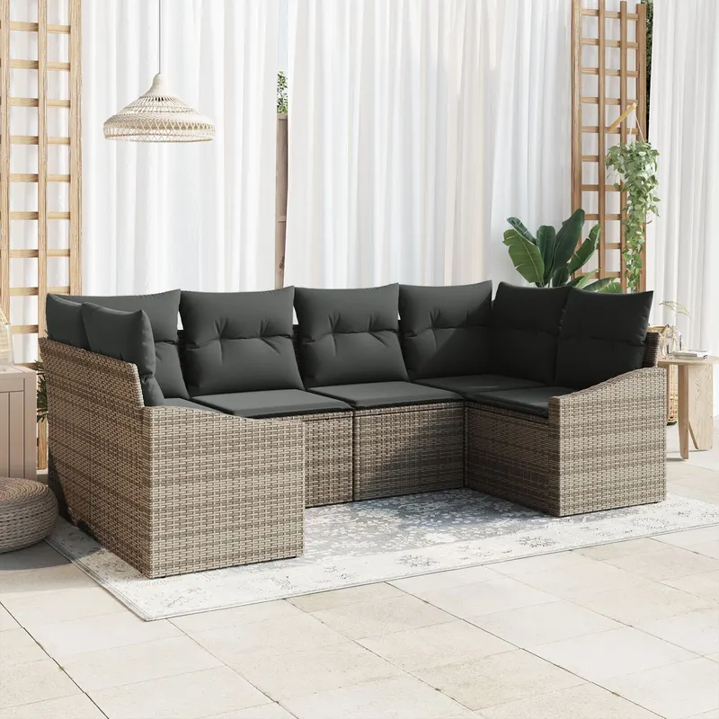 set de canapea de gradina cu 6 piese cu perne gri din poliratan