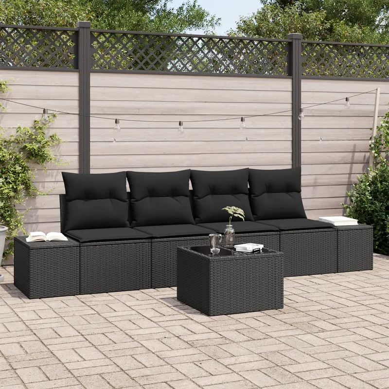 set de canapea gradina 5 piese cu perne negru poliratan