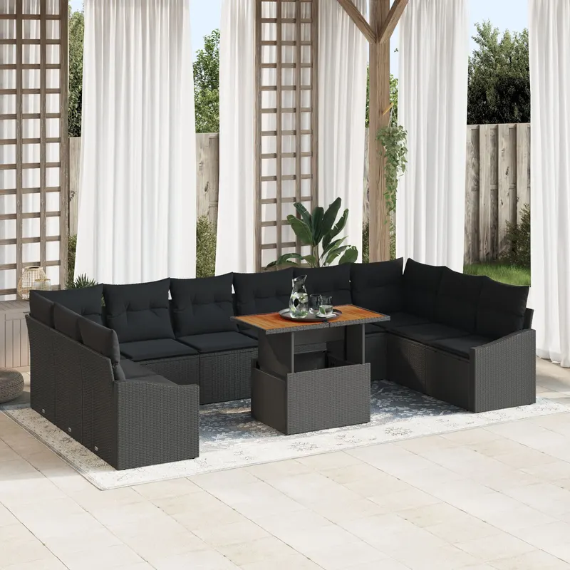 set de dining pentru gradina 11 piese cu perne rattan polistiren acacia negru