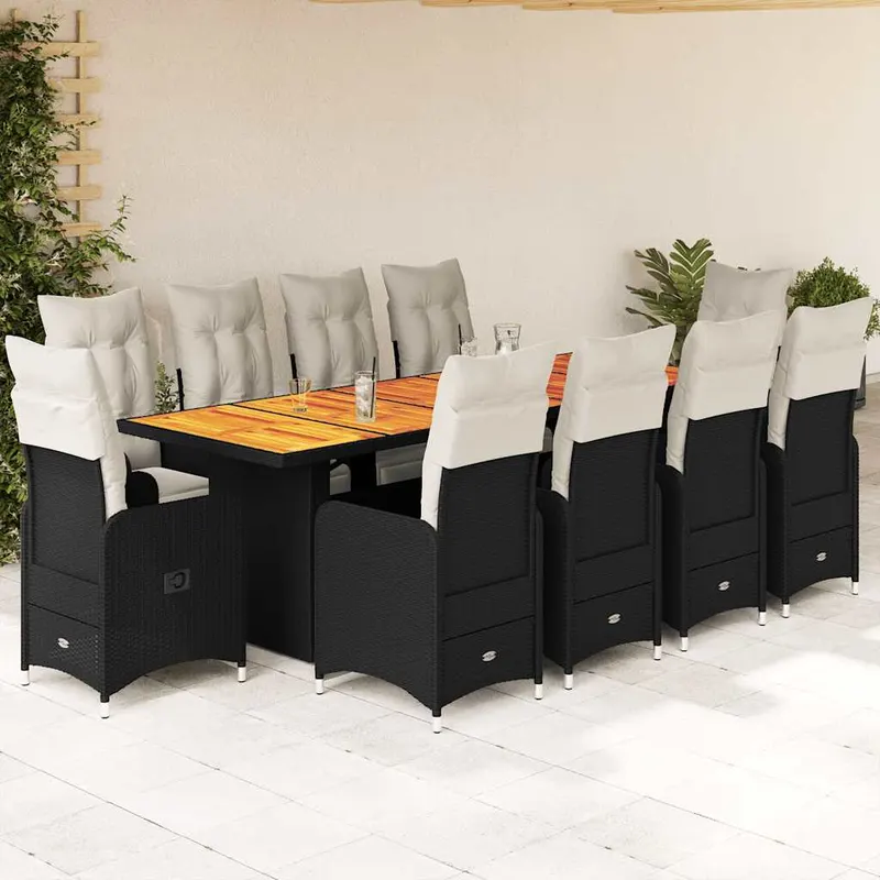 set bistro de gradina, 11 piese, cu perne, negru, poliratan