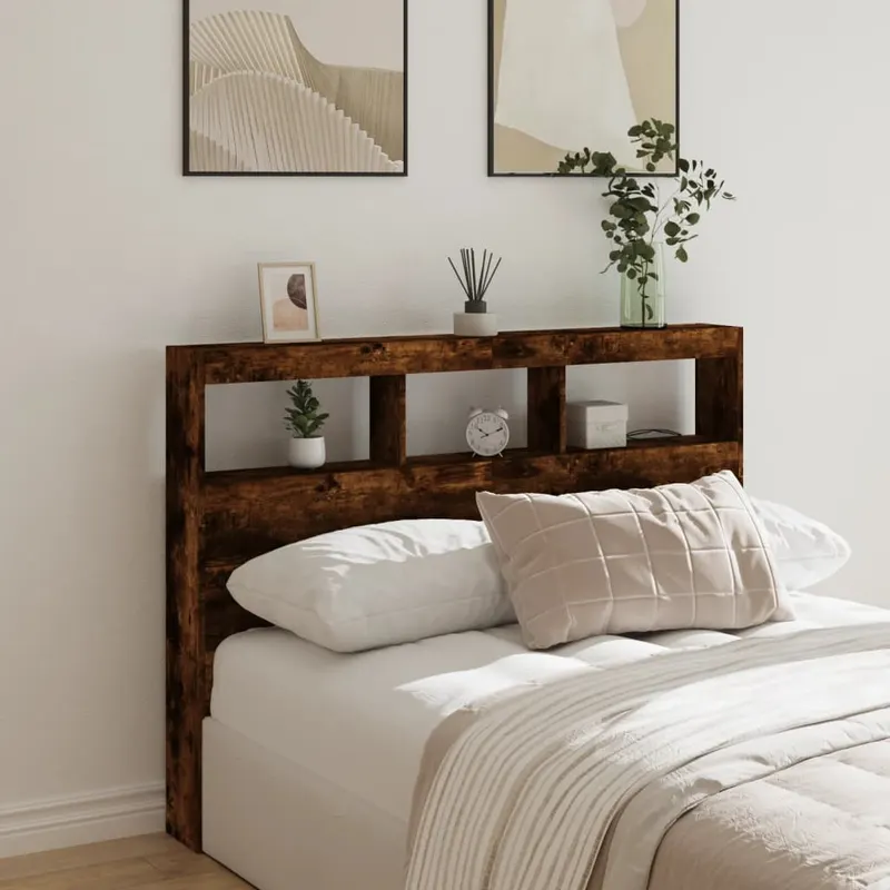 tablie de pat cu dulap si led, stejar fumuriu, 140x17x102 cm