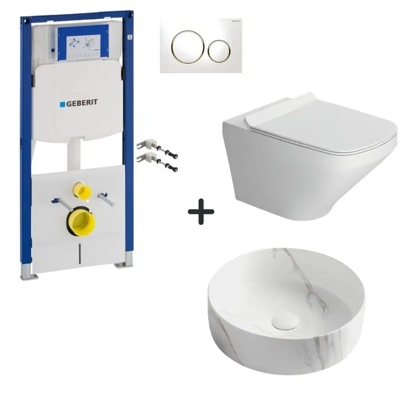Set vas wc rimless cu capac soft close, lavoar baie efect marmura rotund si rezervor wc cu clapeta alba