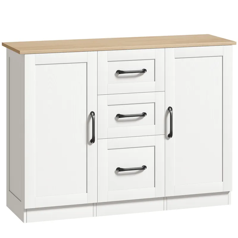 HOMCOM Bufet pentru living, mobilier de depozitare cu 2 uși cu închidere silențioasă și 3 sertare, 110x35x80,4cm, alb și lemn natural