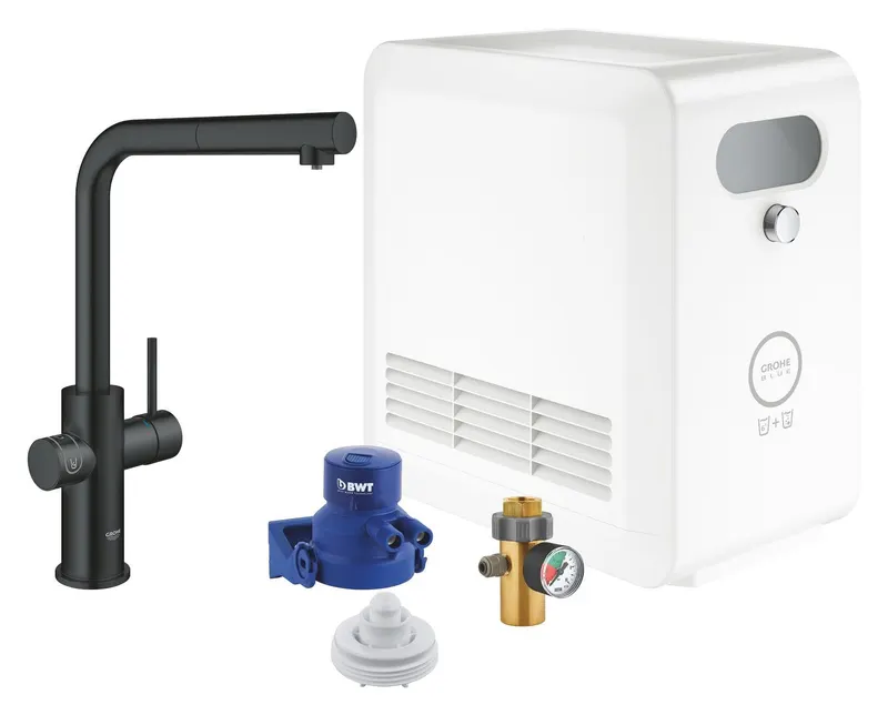Baterie bucatarie Grohe 31326KS2, Blue Professional, inalta, tip L, filtrare, apa carbogazoasa, dus, mat, negru