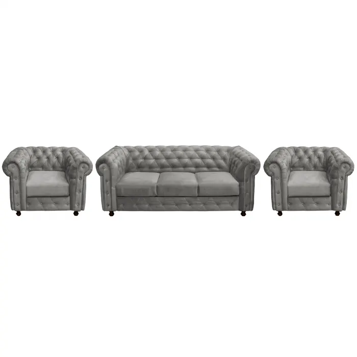 Set CHESTERFIELD 3-1-1, canapea extensibila 3 locuri si 2 fotolii fixe, gri deschis