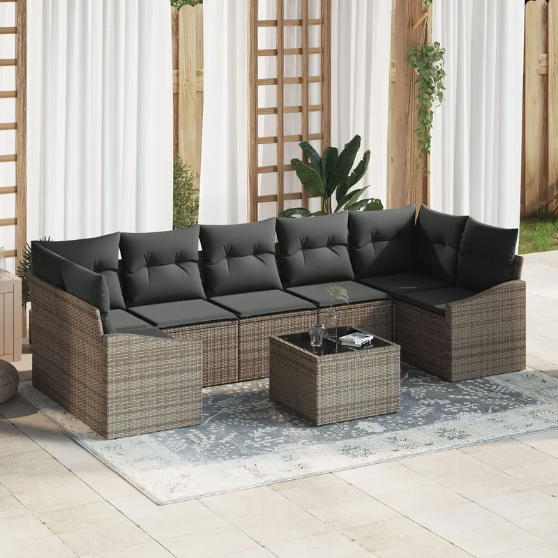 set sofa gradina cu pernute gri din ratan poli