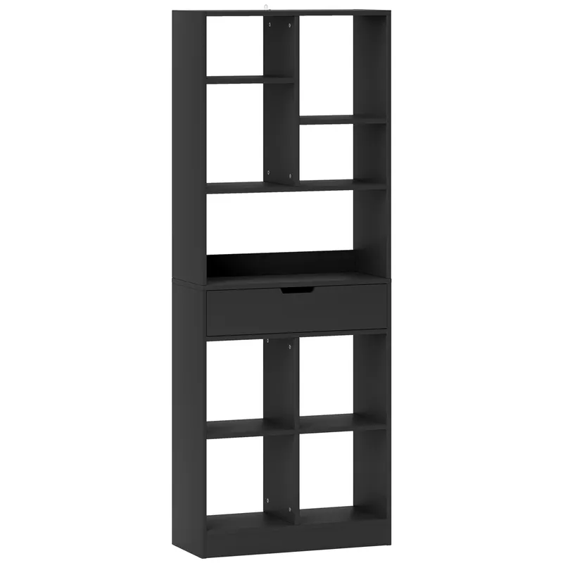 HOMCOM Bibliotecă Modernă din Lemn cu Sertar Central și Kit Antirăsturnare, 60x26x158 cm, Negru