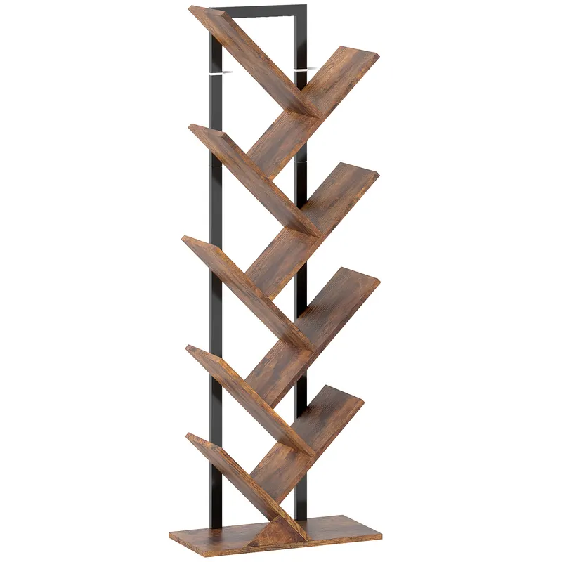 HOMCOM Bibliotecă în formă de copac cu 9 niveluri, corp de depozitare industrial cu cadru din oțel, 50x24x136cm, Maro rustic