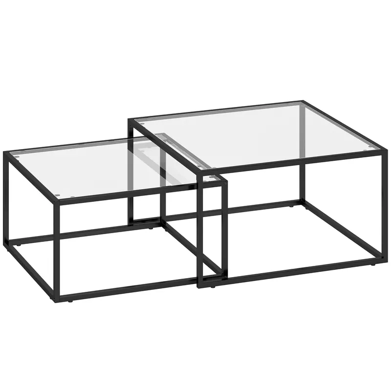 HOMCOM 2 Mese de Cafea Pătrate Mese Nido Moderne cu Blat din Sticlă Securizată și Structură Metalică 75x75x42 cm Negru