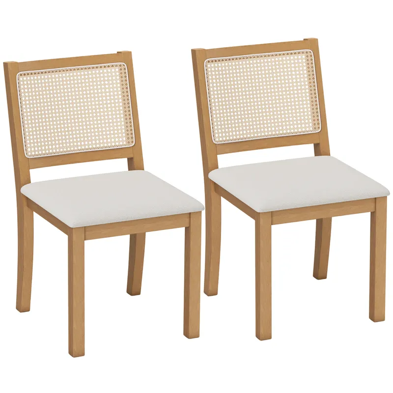 HOMCOM Set de 2 scaune de dining, scaune de bucătărie cu șezut căptușit, spătar cu efect ratan, crem și stejar