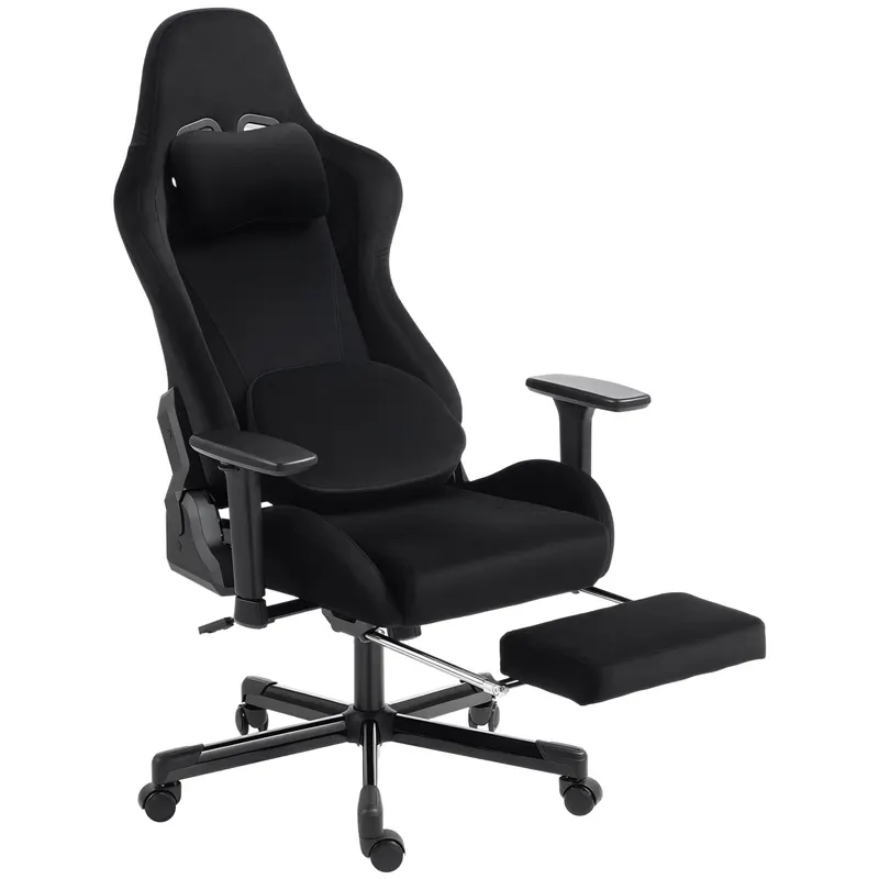 HOMCOM Scaun Gaming Ergonomic cu Masaj și Pernă Lombară Încălzită, Fotoliu Gaming Înclinat din In, Brațe 4D, Negru