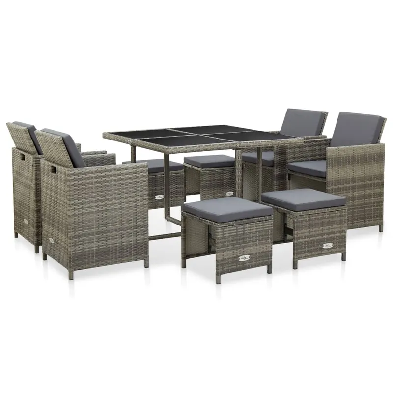 set mobilier de gradina cu perne, 9 piese, gri, poliratan