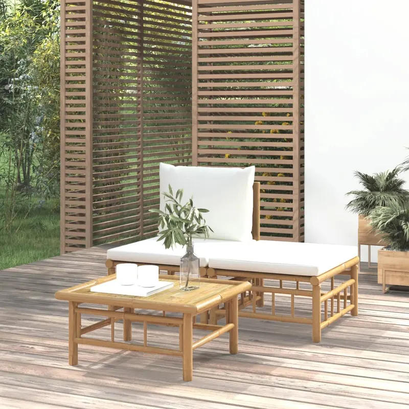 set mobilier de gradina, cu perne alb crem, 3 piese, bambus