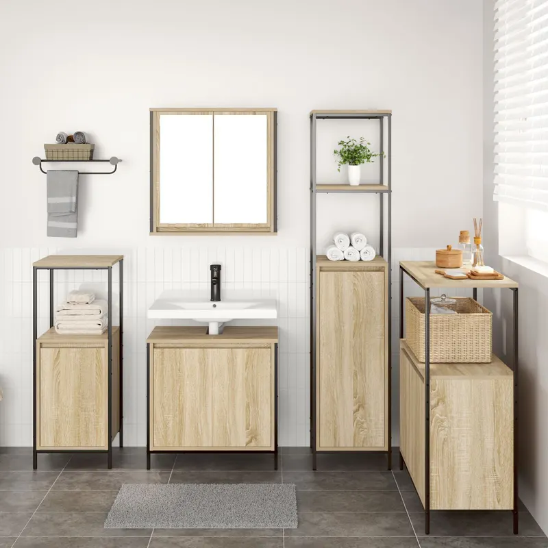 set mobilier baie din lemn prelucrat in stejar sonoma