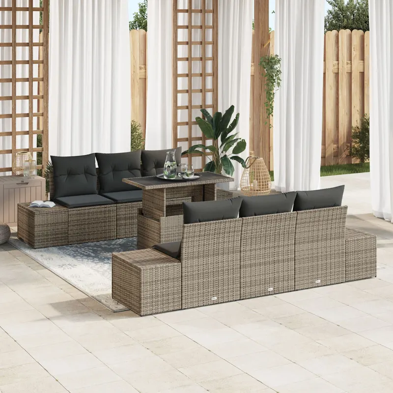 set canapea gradina 7 piese cu perna gri din ratan polimer