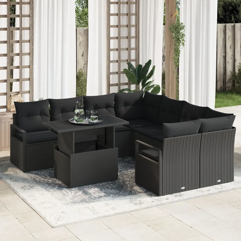 Set de canapea pentru gradina cu 9 piese cu perne ratan poly negru, canapea pentru gradina cu 2 locuri cu spatiu de stocare & perne ratan poly negru