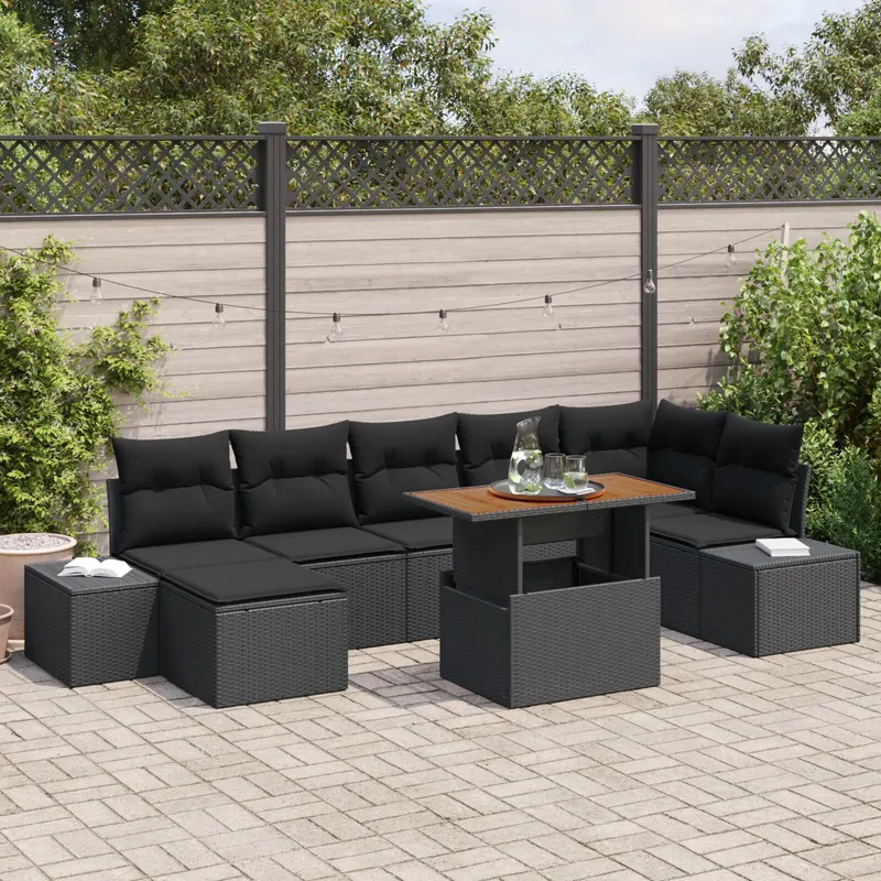 set de dining pentru gradina 8 piese cu perne din poliratan negru si acacia