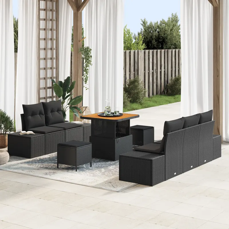 Set de canapea de gradina 8 piese cu perne negru ratan poly acacia, canapea de gradina cu 2 locuri si perne negru ratan poly, set de dining gradina 3 piese cu perne negru ratan poly acacia