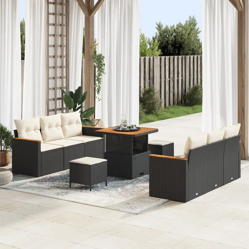 Set de canapea pentru gradina cu 9 piese si perne negre din ratan polimeric acacia, set de dining pentru gradina cu 3 piese si perne negre din ratan polimeric acacia