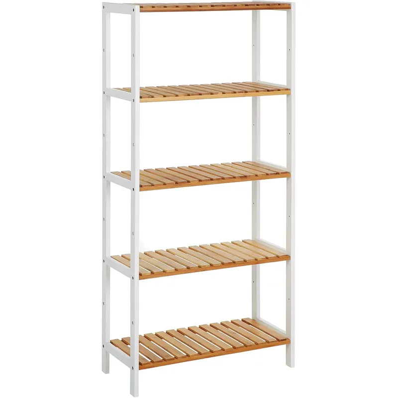 Raft depozitare bambus 5 polite bucatarie baie, 130x60x26 cm, design natural, alb maro natur