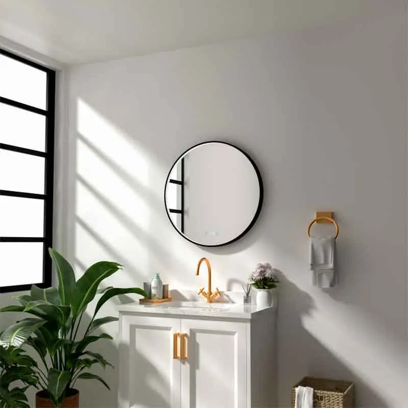 Oglinda LED Fluminia Aster 80 Clock, D80cm, dezaburire, ceas digital, rama neagra