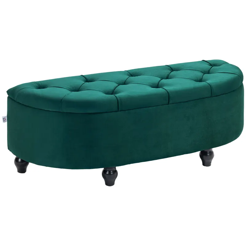 HOMCOM Pouf de Depozitare cu Capac 2 în 1 - Pouf Tapitat în Formă de Semicerc - Picioare Lemn hevea Negru acoperire Catifea verde