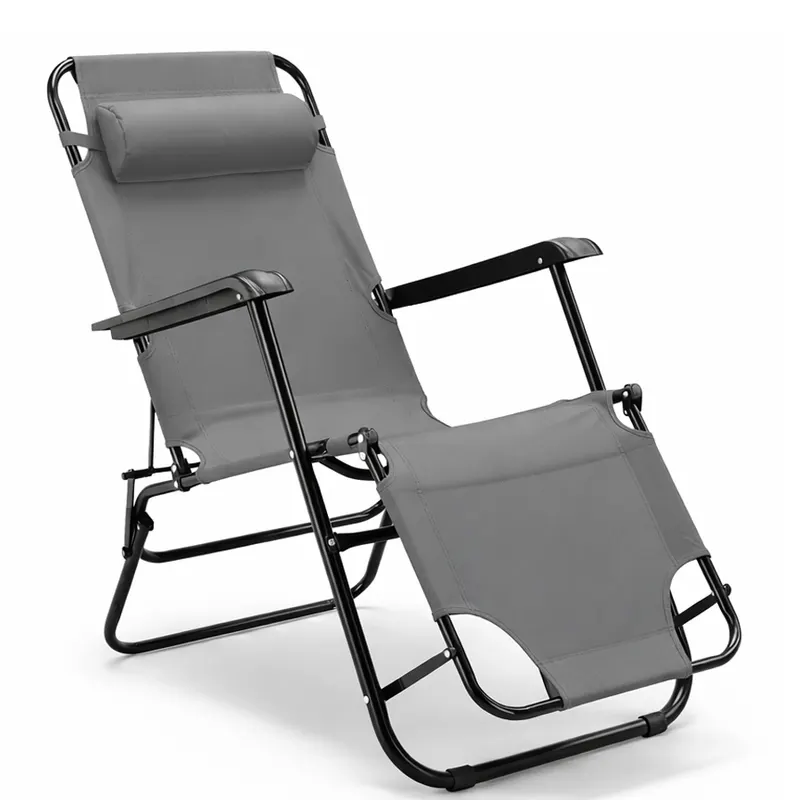 Sezlong pliabil cu pozitie orizontala, tetiera reglabila, cadru metal vopsit electrostatic, 153x60x88 cm, gri