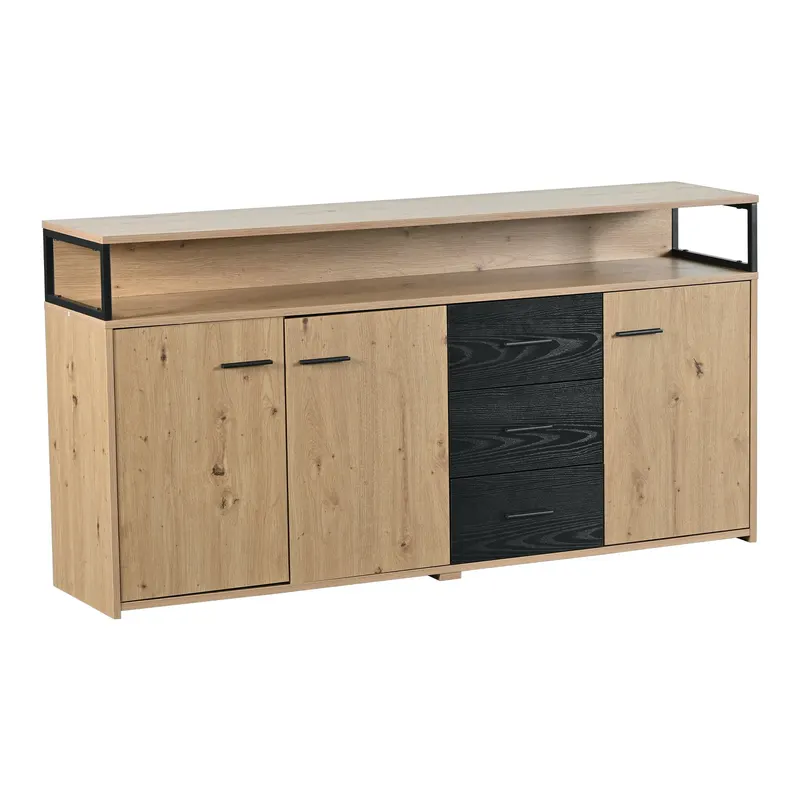 Comoda Modernă cu Trei Uși și Trei Sertare, Mobilă Multifuncțională pentru Bucătărie și Birou, Mânere din Metal, 150x35x75,9 cm, Negru Maro
