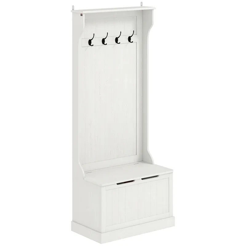 HOMCOM Cuier pantofar cu bancă de depozitare 4 cârlige Stil modern 71,5x39,5x170 cm Alb