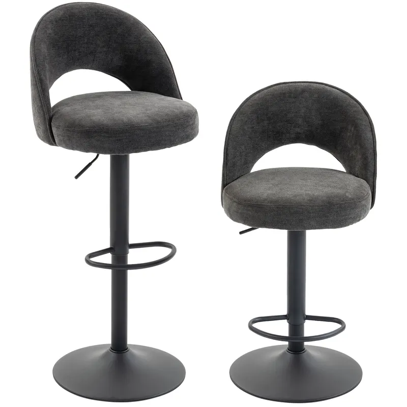 HOMCOM Set de 2 taburete de bar, scaune de bar reglabile pe înălțime, șezut căptușit din chenille, rotative 360°, Gri