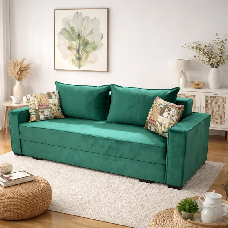 Canapea LARISA extensibila, 3 locuri, cu lada de depozitare, catifea verde smarald , 220x95x85 Verde Smarald, Catifea