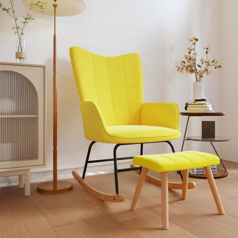 scaun balansoar cu taburet, galben mustar, textil