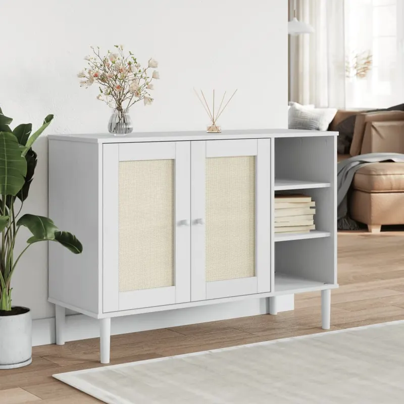 servanta senja, aspect ratan alb, 112x40x80 cm, lemn masiv pin
