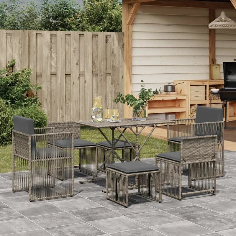set mobilier de gradina cu perne, 7 piese, gri, poliratan