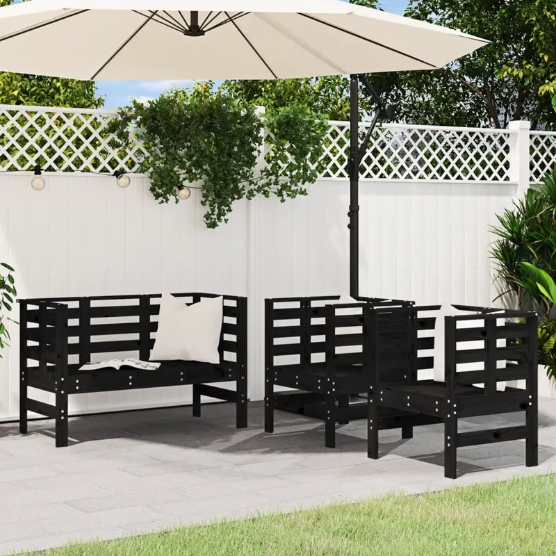 set mobilier de gradina, 3 piese, negru, lemn masiv pin