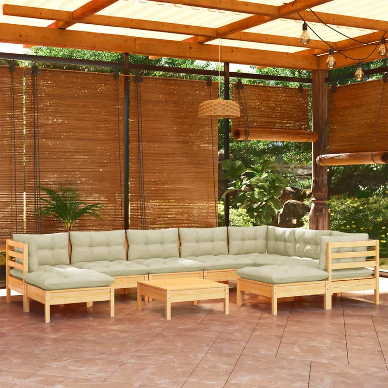 set mobilier gradina cu perne crem, 10 piese, lemn masiv de pin
