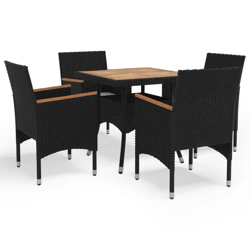 set mobilier gradina, 5 piese, negru, poliratan, lemn acacia