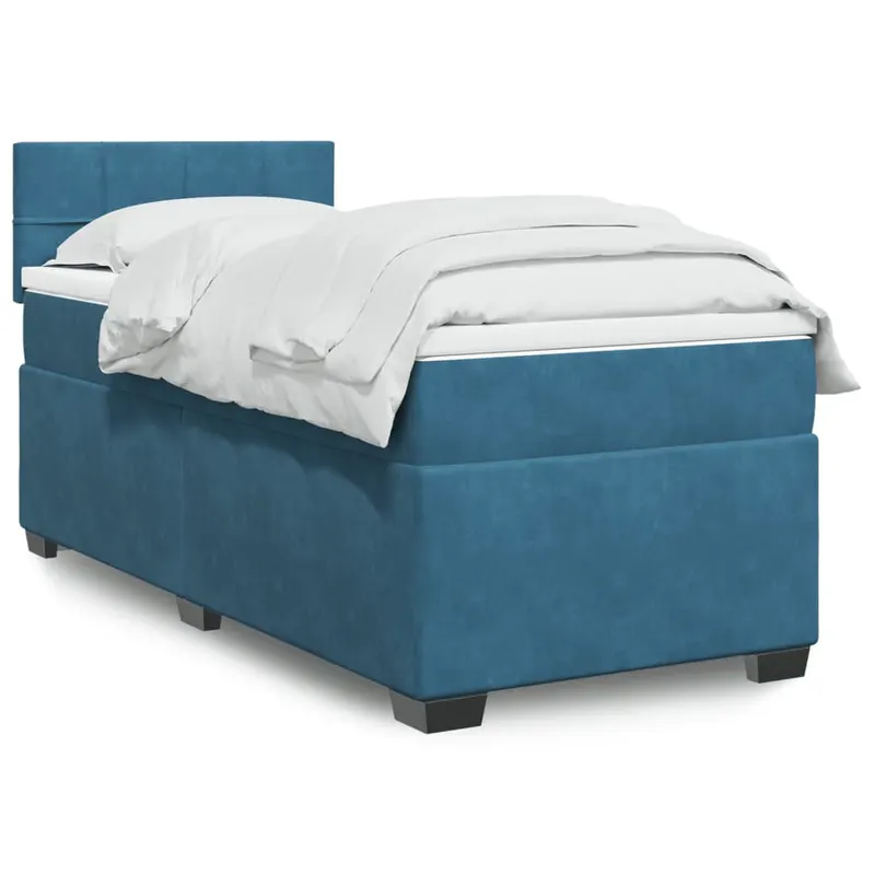 pat box spring cu saltea, albastru, 90x200 cm, catifea