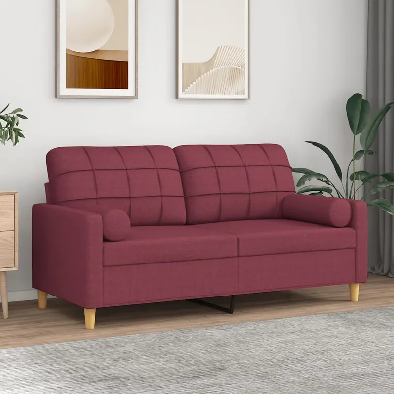 canapea cu 2 locuri cu pernute, rosu vin, 140 cm, textil