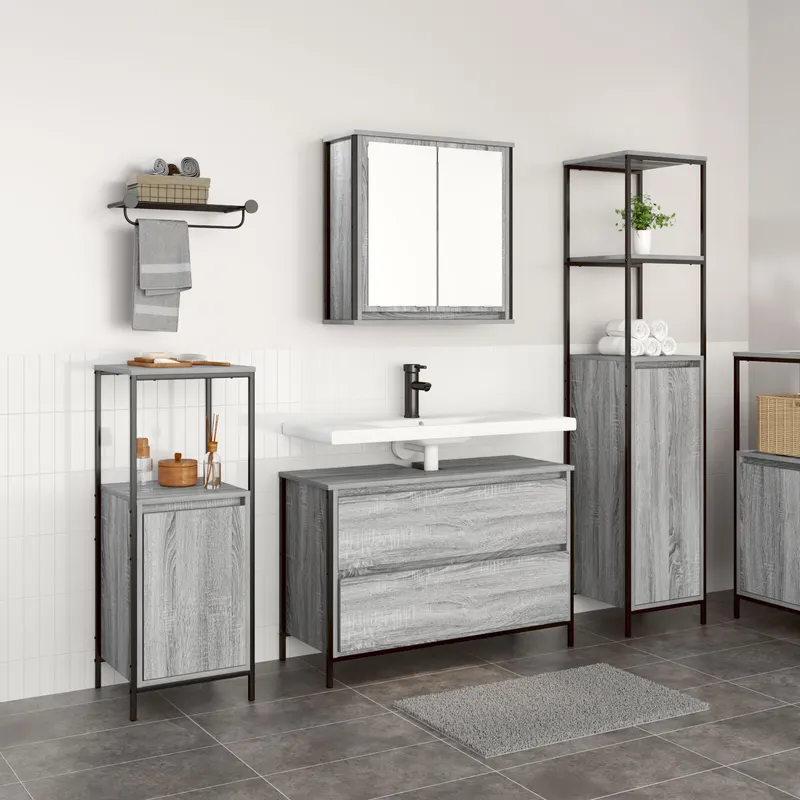 set mobilier baie, 3 piese, gri sonoma, lemn prelucrat
