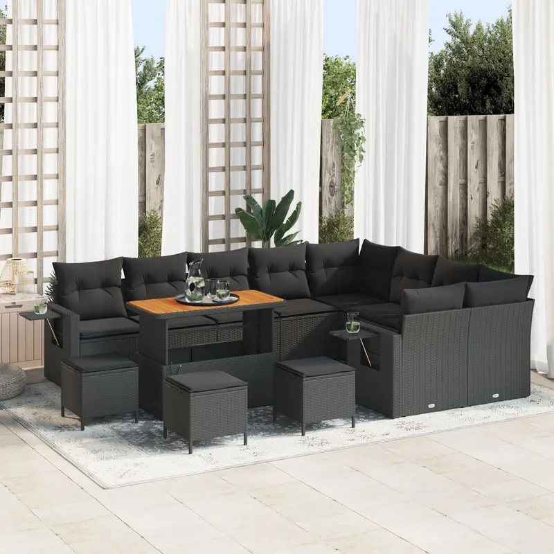 Set canapea gradina de 13 piese cu perne ratan poli negru, set dining gradina de 4 piese cu perne ratan poli negru