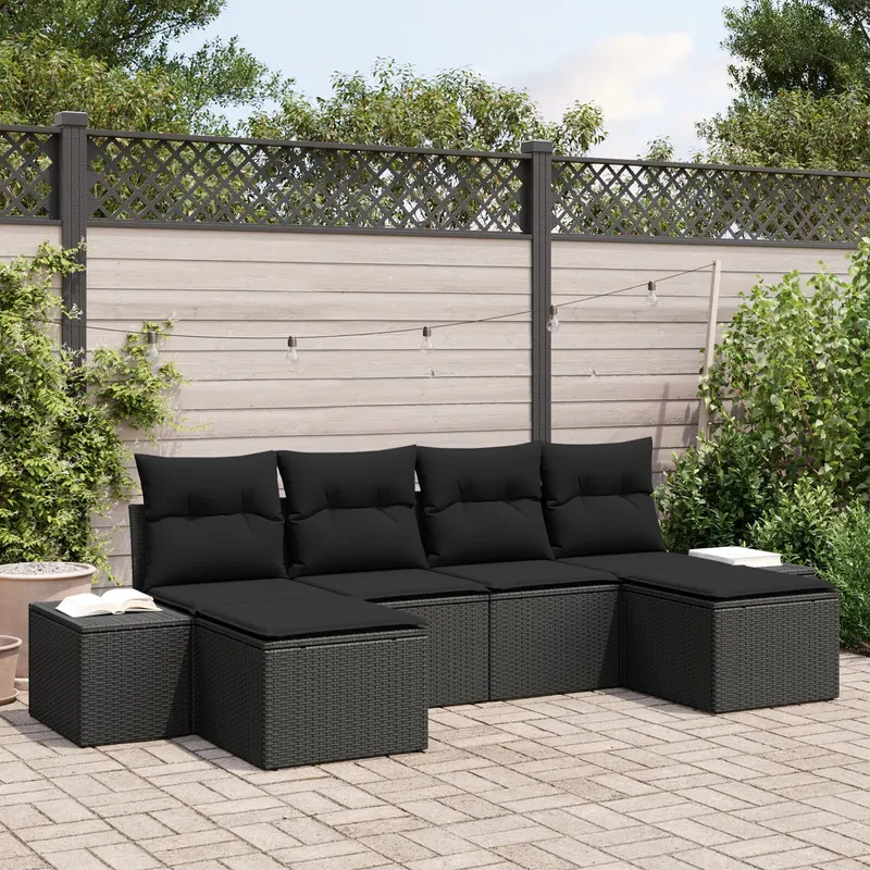 set de canapea de gradina cu 6 piese si perne - ratan poli negru