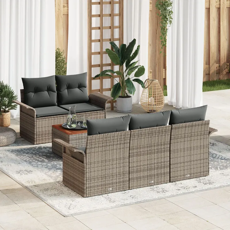 set de canapea gradina 6 piese cu perne gri din poliratan acacia